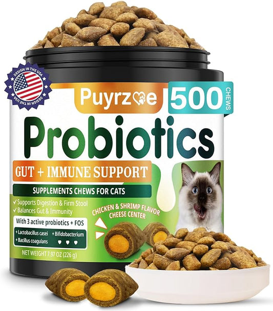 Cat Probiotics & FOS, Gut + Immune Support - 500 Chews Crunchy & Creamy Cheese Core, Probiotic for Digestive and Gut Health, Immunity, Constipation Relief for Cats Kittens - Chicken Shrimp