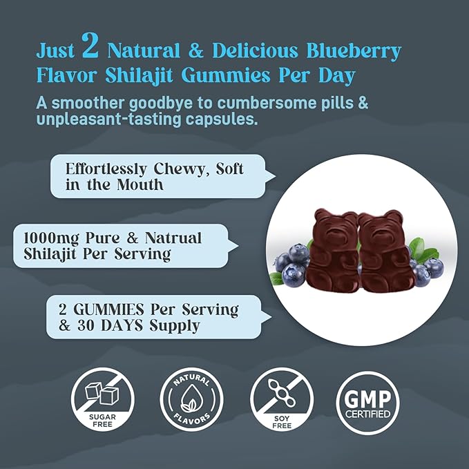 Shilajit Gummies, Shilajit Gummies with 85+ Trace Minerals, Shilajit for Men & Women, Himalayan Shilajit Supplement - 60 Blueberry Flavored Gummies