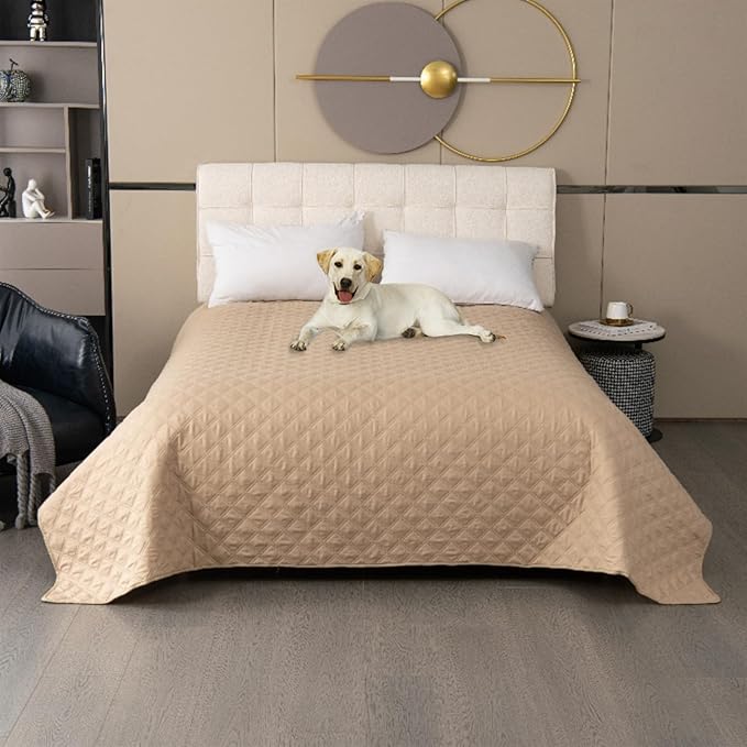 GIBZ Waterproof Dog Bed Cover Anti Slip Pet Furniture Protector Blanket Washable Thick Quilted Mat, Khaki, 132x208cm