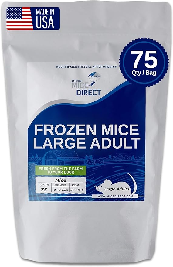 MiceDirect Frozen Large Adult Feeder Mice Food for Adult Ball Pythons Juvenile Red Tale Boa Monitors Lizards, 40 Ounce (75 Count)
