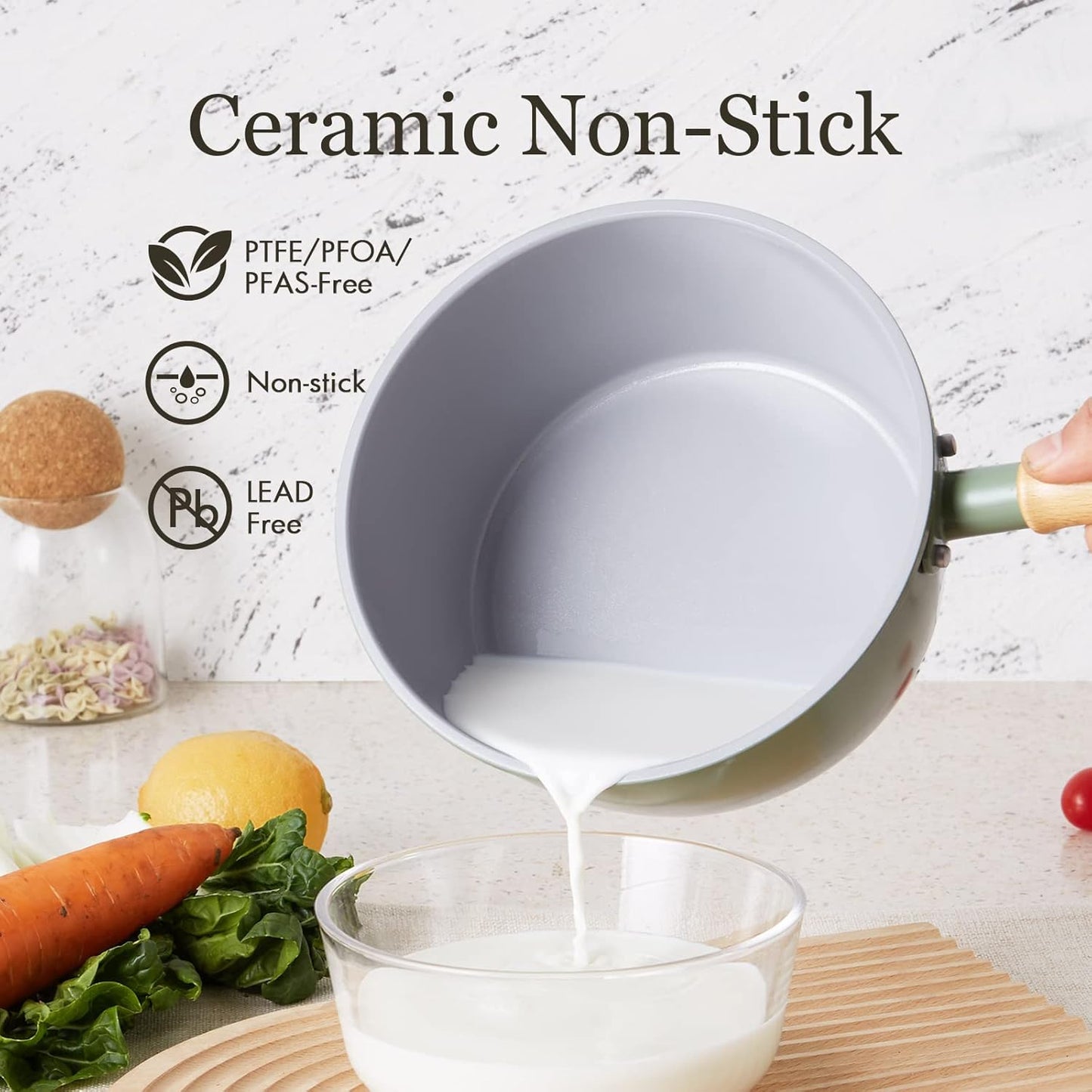 ROCKURWOK Ceramic Nonstick Sauce Pan with Lid, 2 Quart Cooking Pot, Small Saucepan with Steamer, PTFE& PFAS-Free, Wooden Handle for Cool Touch, Universal Base(Gas, Electric & Induction), Green
