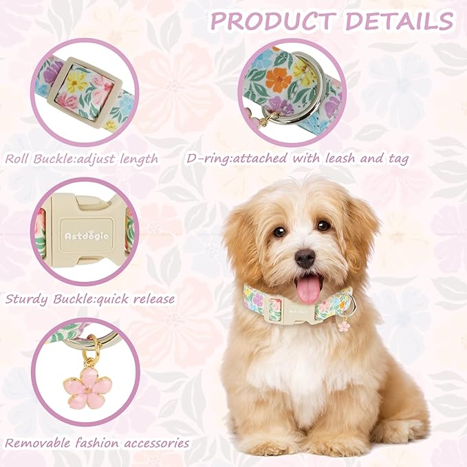 Cotton Dog Collar with Colorful Flowers for Spring Summer, Adjustable Puppy Dog Collars for Small Medium Large Dogs, Cute Girl Boy Dog Collar Ideal for Gifts,Pet Accessory,XS