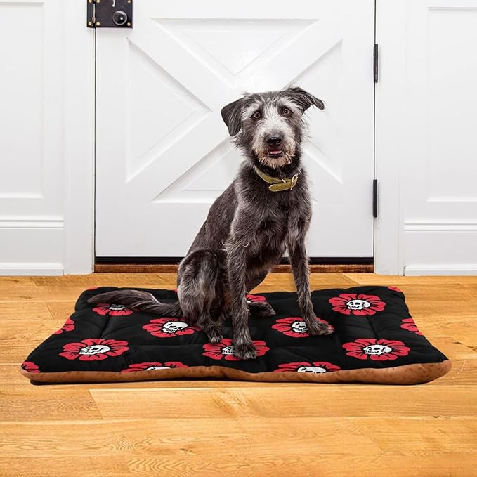 Gothic Skulls Flowers Pet Bed Cute Dog Bed Mat Absorbing Non Slip Pad Pet Sleeping Mat for Small, Medium, and Large Dogs Puppy Cat 24 in x 18 in