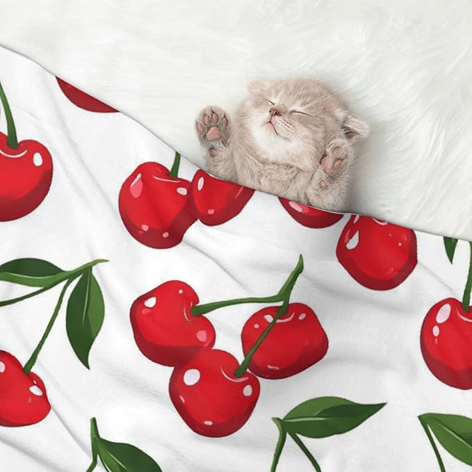Cherry Print Soft Plush Pet Blanket, Washable Dog Blanket, Cat Fleece Throw, Puppy Bed Crate Mat & Sofa Couch Protector - Small