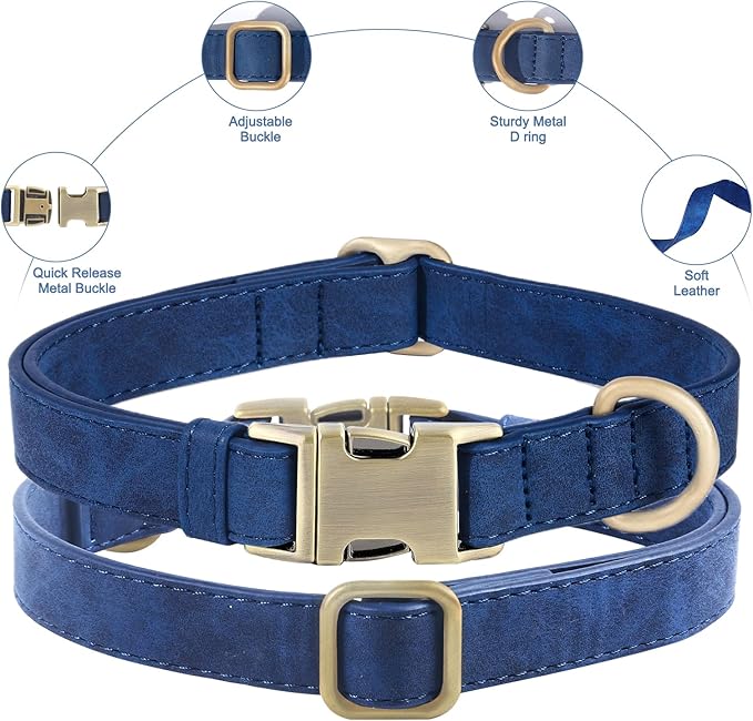Genuine Leather Dog Collar - Adjustable Pet Collar with Quick Release Metal Buckle, Soft Skin Friendly Real Leather Collar for Small, Medium, Large Dogs (Blue, L：Fit 15-23" Neck)