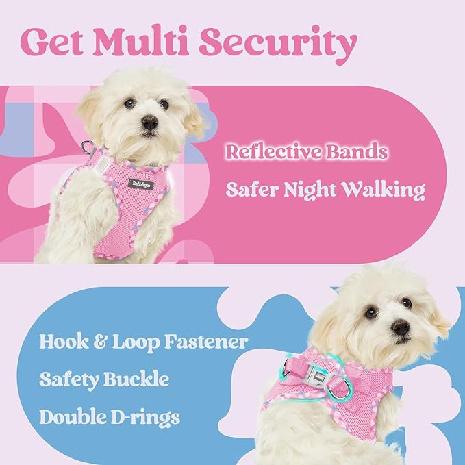 rabbitgoo Small Dog Harness, Step-in Soft Mesh Puppy Vest with Safety Buckle, Breathable Reflective Pet Harness for Small Sized Dogs, Pink & Plaid Trim S