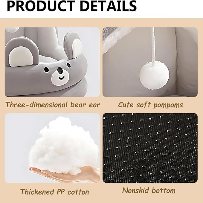 Cat Bed for Indoor Cats, Dog Bed with Anti-Slip Bottom, Rabbit-Shaped Cat/Small Dog Cave with Hanging Toy, Puppy Beds with Removable Cotton Pad, Super Soft Calming Pet Sofa Bed (Brown, Small)