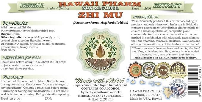 Hawaii Pharm Zhi Mu Alcohol-Free Liquid Extract, Zhi Mu, Anemarrhena (Anemarrhena Asphodeloides) Root Glycerite Natural Herbal Supplement, USA 15x4 fl.oz