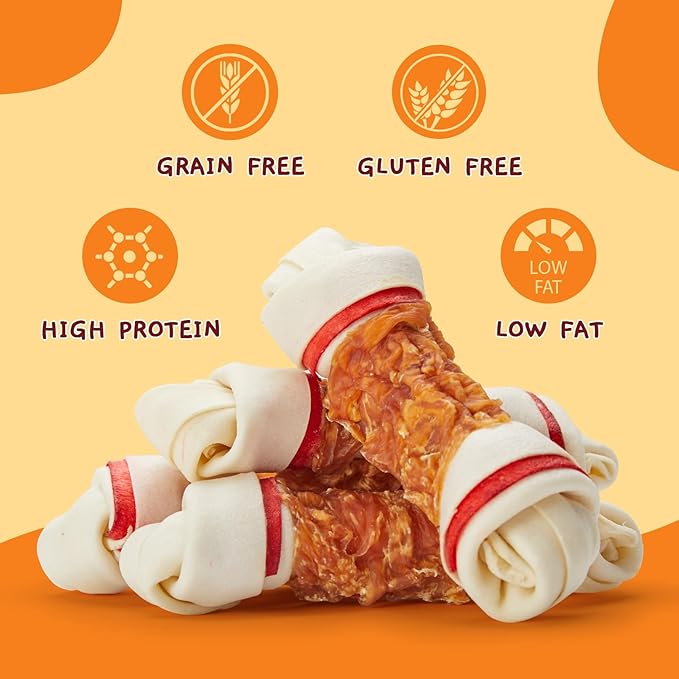 Jungle Calling Chicken Wrap Knotted Bones Dog Chews, Long Lasting Beefhide Treats Real Rawhide Bones for Large Dogs Edible Training Treats