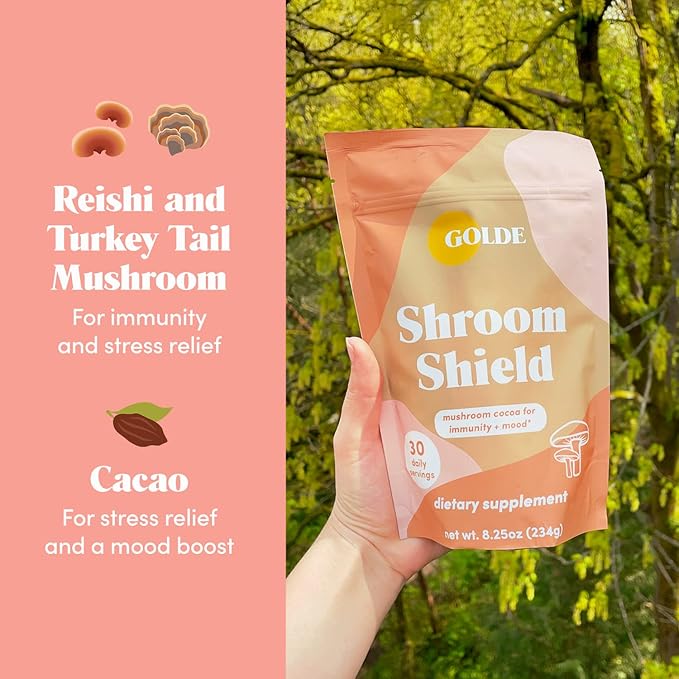 GOLDE Shroom Shield - Plant Based Superfood Blend w/Turkey Tail Mushroom & Reishi Mushroom Extract - Stress Defense - Antioxidants & Prebiotics - Vegan, Keto, & Sugar-Free Hot Cocoa - 30 Servings