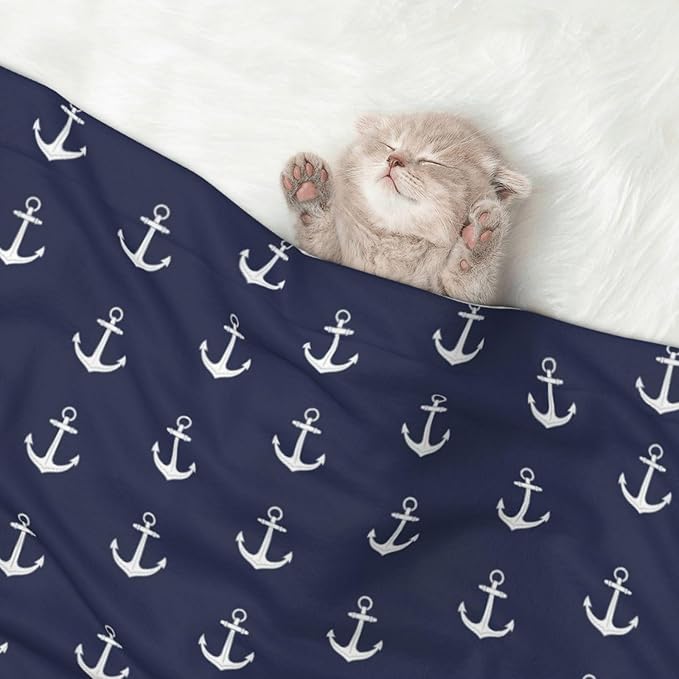 Pet Blanket for Car Rides Vet Visits, Nautical Anchor Navy, Two Sided Reversible Plush Design with Bumpy Dot Side Offers Comfort Home Piece On Go Travel