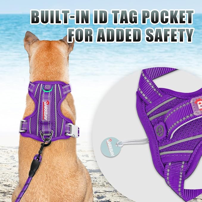 BARKBAY No Pull Dog Harness Large Reflective Dog Harness with Front Clip and Easy Control Handle for Walking Training Running with ID tag Pocket(Purple,S)