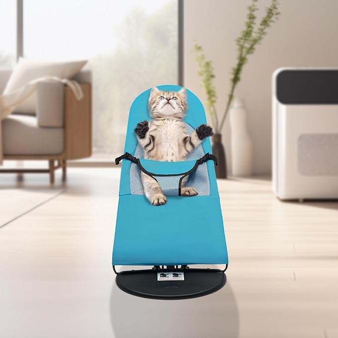 Pet Rocking Chair, Portable Foldable Pet Rocker Bed with 3-Level Adjustable Height, No Assembly Required Breathable Pet Lounger for Small Dogs & Cats Under 33lbs (Blue)