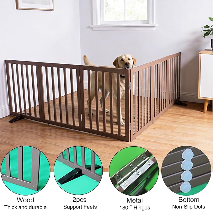 ZJSF Freestanding Indoor Dog Gate for House Foldable Wood Puppy Gate for Doorways Pet Gate for Stairs Extra Wide Pet Fence, Brown, 32" Height 6 Panels