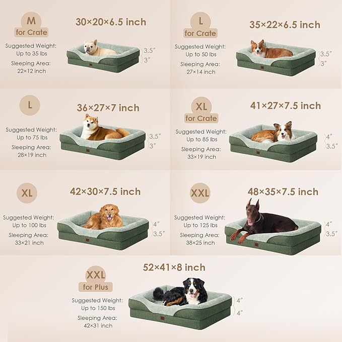 EHEYCIGA Orthopedic XL Dog Bed for Large Sized Dog, 42x30x7.5 Inch Extra Large Memory Foam Dog Couch Bed with Sides, Waterproof Liner & Washable Removable Cover, Green