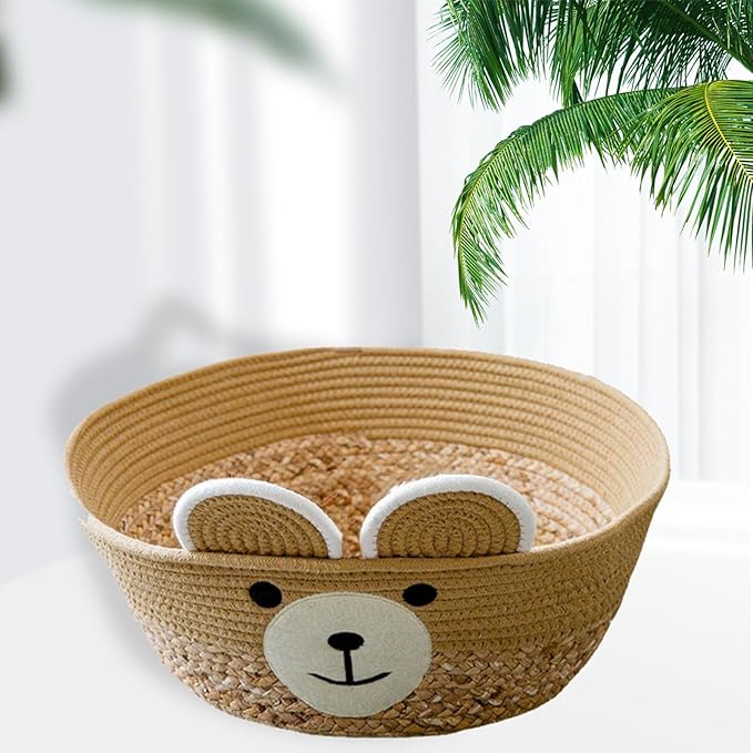 Pet Bed Woven Basket with Detachable Cushion Cartoon Bear Theme Bed Dog Detachable Cushion Nest Pet Furniture