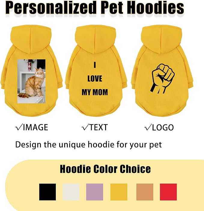 Custom Dog Hoodie, Personalized Sweatshirt with Photo Text Name Logo, Customized Hooded Sweater for Small Medium Large Dogs & Cats (Yellow, Small)