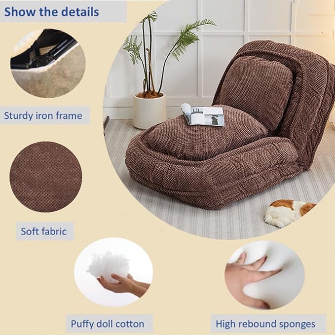 Human Dog Bed for Adult and Kids, Comfy Foldable Lazy Floor Sofa Bed with 5 Adjustable Position, Grey Upholstered Floor Bean Bag Lounger Chair for Bedroom, Living Room,Office (Brown)
