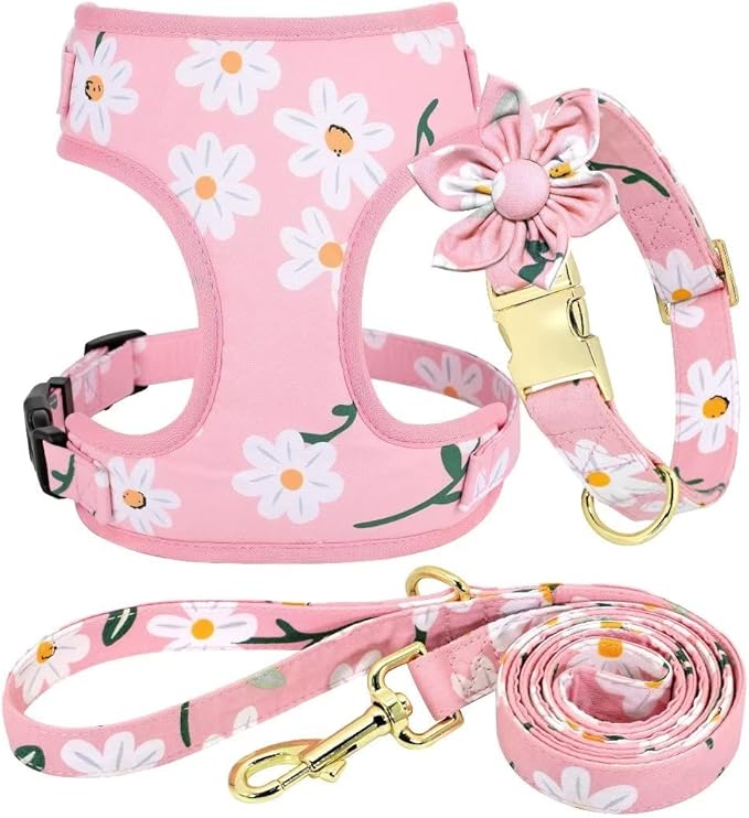 Beirui Cute Girl Dog Collars, Harnesses & Leashes Set - Adjustable Dog Collar and Leash Set with Flower - Soft Mesh Dog Vest Harness for Puppies Small Medium Dogs (Pink-1,M)
