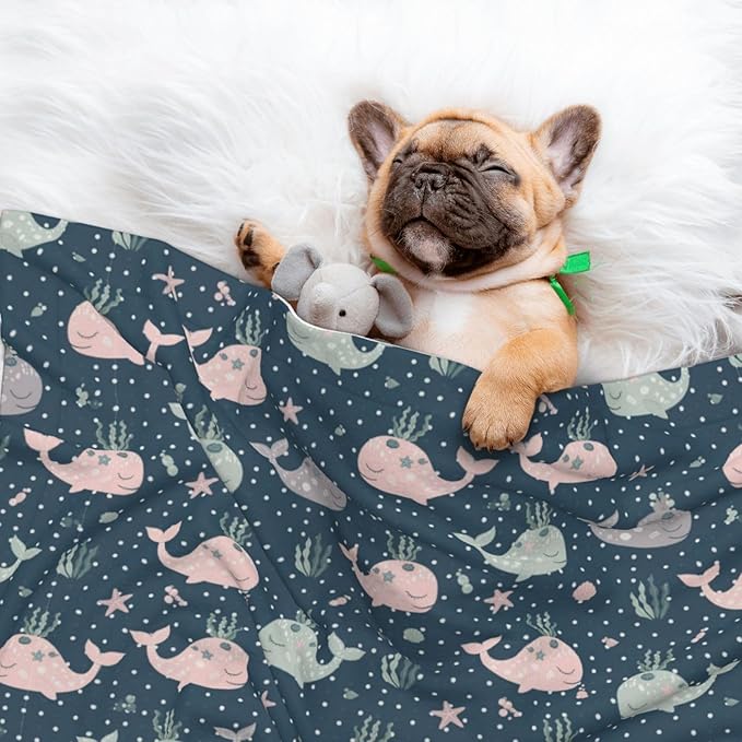 Double Sided Pet Mat for Dog Bed Topper Cat Blanket Furniture Protector, Cute Whales Mandala Blue, Reversible Plush with Tactile Dot Pattern for Style Change