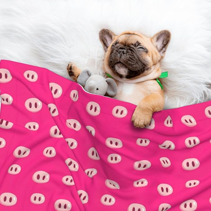 Reversible Plush Dot Pet Blanket for Dogs and Cats, Cute Pig Nose Printed Pink, Ultra Soft Two Sided Design with Warm Fuzzy Side and Smooth Side for Comfort