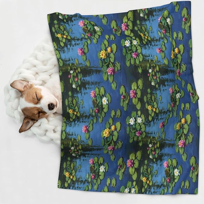 Pet Blanket for Couches and Beds, Water Lilies Monet Painting, Reversible Double Sided Plush Design with Soft Bumpy Texture and Smooth Surface, Furniture Protector