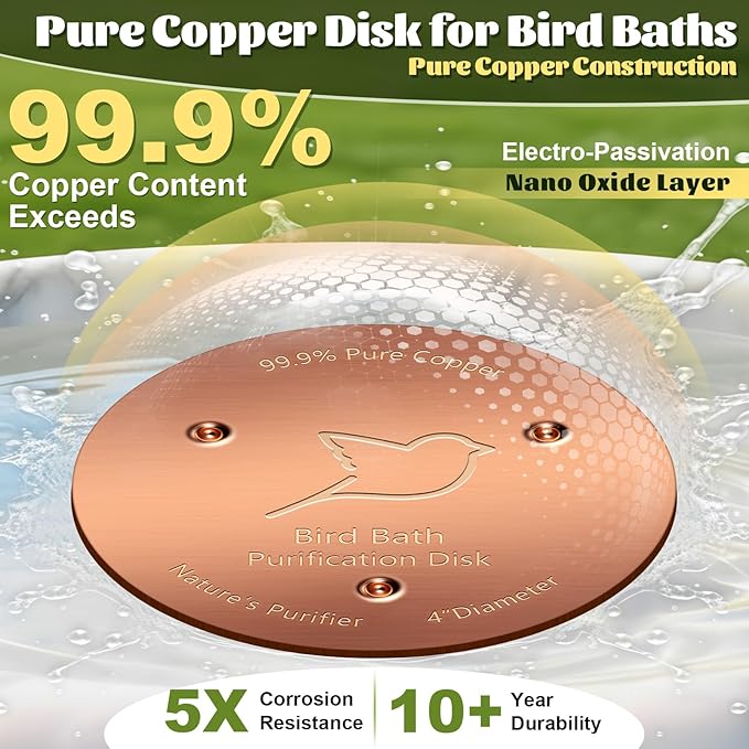 NNG 1 Pack Bird Bath Copper Disk,1mm Thick Reinforced 99.9% Pure Copper Bird Bath Purification Disk with Triple-Point Support,Physical Safe Water Cleaner for Outdoor Birdbaths Bowls,All-Season Use