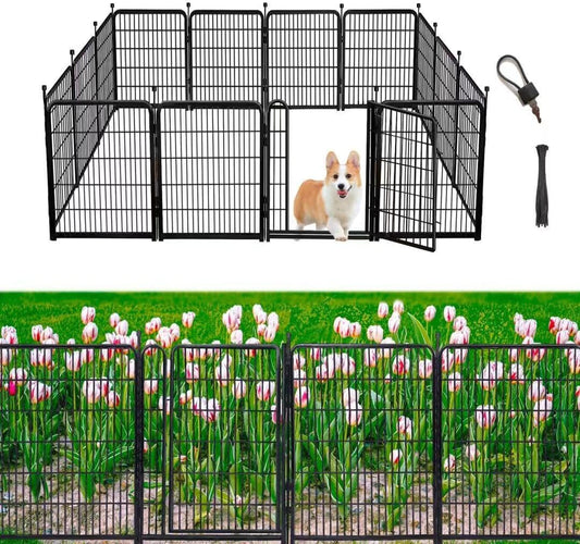 Garden Fencing 48in High, 12 Panels Total 26.6Ft(L) Dog Fence Outdoor for Yard, Gate 21 in Wide with Low Sills. Black Metal Fencing for Yard 4ft Tall, Garden Fences, Animal Barrier Fence