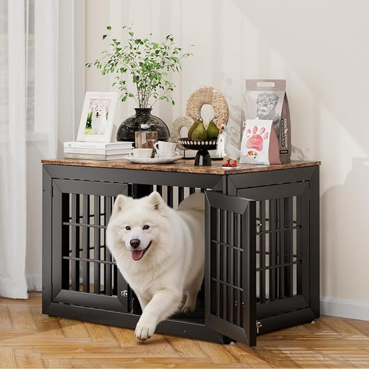 42" Heavy Duty Dog Crate Furniture for Small,Medium and Large Dogs,Rustic Wooden Dog Cage Kennel Indoor Furniture with Waterproof Top,Decorative Pet House Side End Table (Black & Wood)