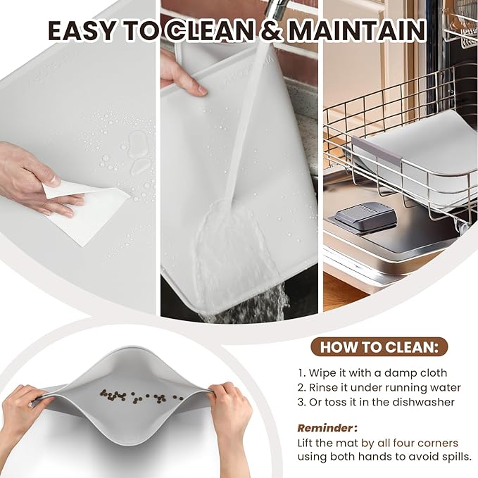 VIVAGLORY Dog Food Mat Flexmat Dog Bowl Mat, Placemat Food Tray with Raised Edges & Lip for Indoor Floor, Non Slip Waterproof Silicone Dish Placemat for Cat & Pet, L, Orange
