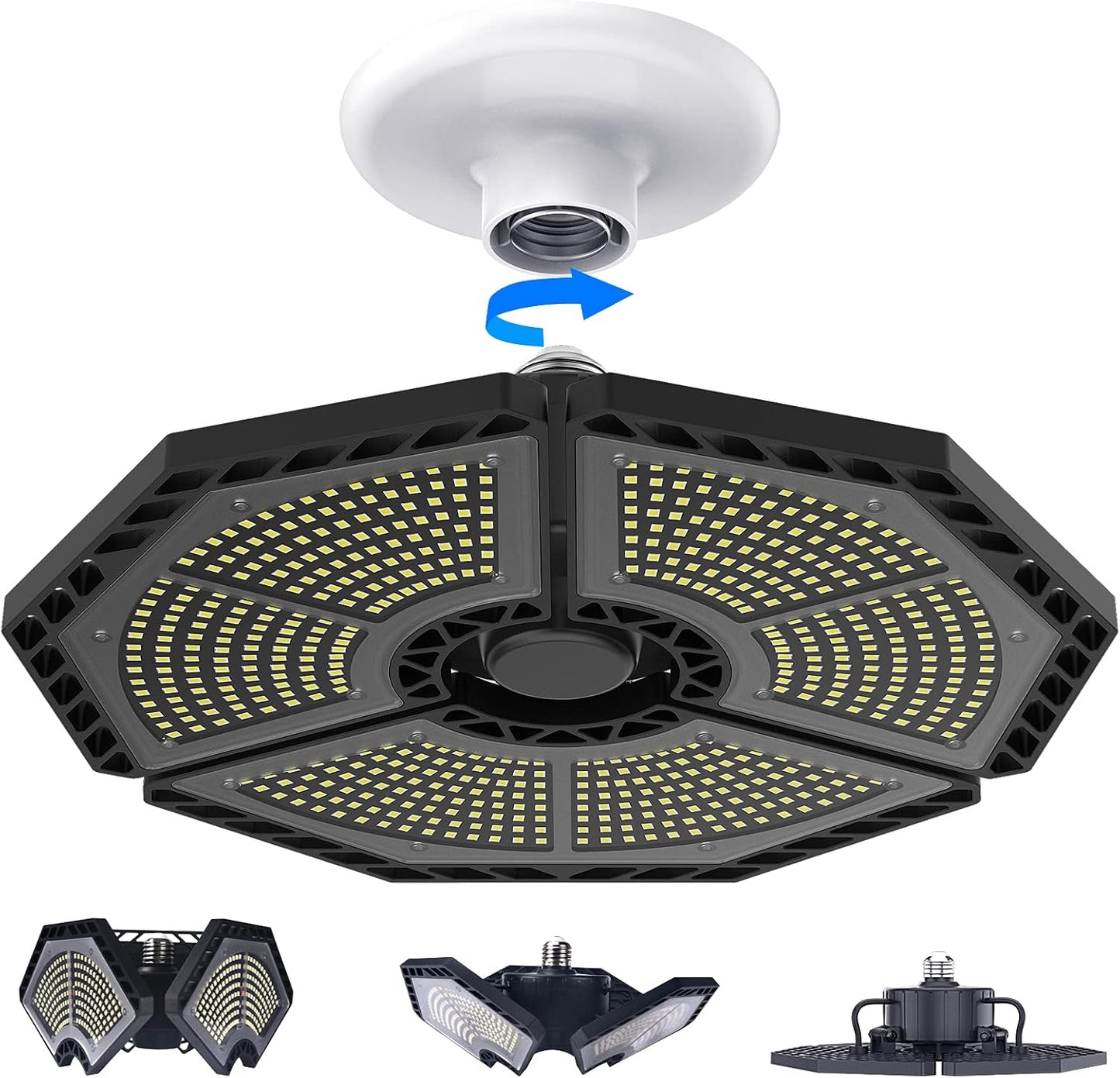 LED Garage Lights, 140W 18500 Lumens Garage Ceiling Lighting, 6000K Daylight with Deformable Three Panels Garage Light Fixture E26/E27 Triple Glow LED Shop Light for Garage Basement Workshop Warehouse