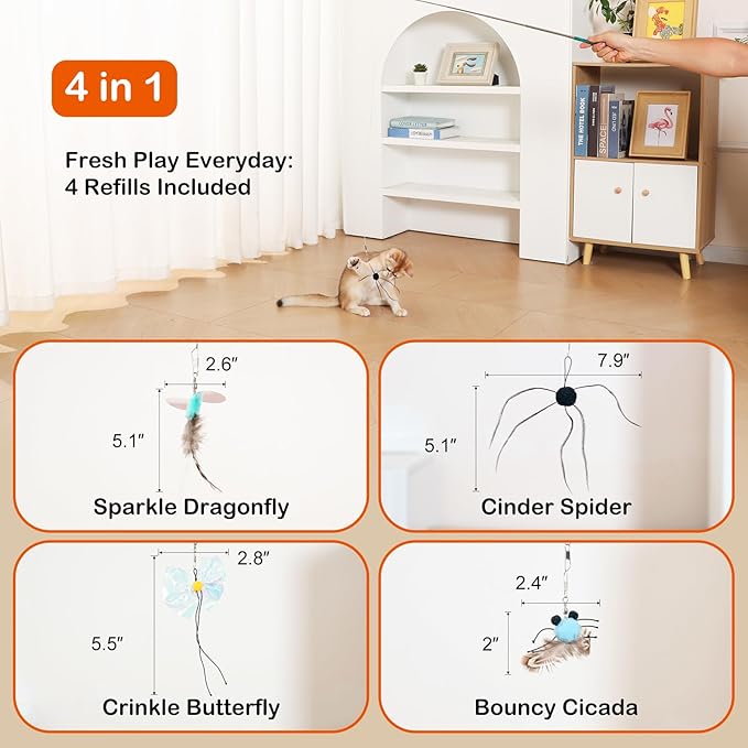 Cat Wand Toy – Retractable Wand with 4 Feather Toy Refills for Indoor Cats Enrichment, Interactive Cat Toy for Bored Adult Cats and High-Energy Kittens (BioBugs Serie)