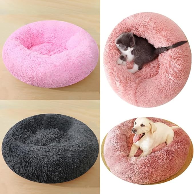 Calming Small Dog Bed & Cat Bed, 16 Inch Donut Fluffy Anti-Anxiety Round Bed Washable Cute Bed, Cuddler Warming Cozy Soft Bed, Plush Cushion Bed for Small Medium Dogs and Cats (Light Grey)