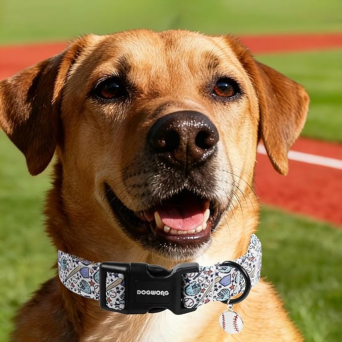 DOGWONG Baseball Dog Collar-Cute Boy Baseball Dog Collar, Adjustable Soft Male Dogs Collars for Medium Large Dogs, M
