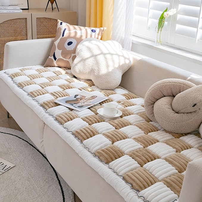 FunnyFuzzy Cream-Coloured Plaid Square Pet Mat Bed Couch Cover, Winter Thickened Dog Bed Cover Pet Blanket Sofa Couch Furniture Protector for Kids Dog Cat(Size:27.6 * 82.7 in,Color:Brown)