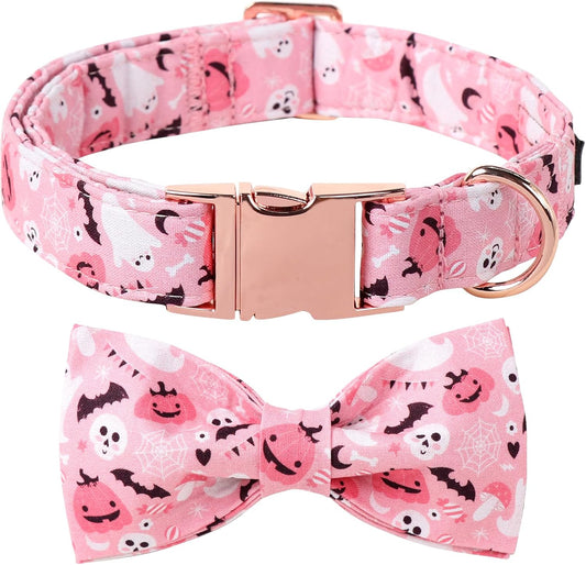 Lionet Paws Halloween Dog Collar, Cute Fall Pink Dog Collar for Large Dogs, Adjustable Cotton Pumpkin Ghost Pet Collars for Large Dogs
