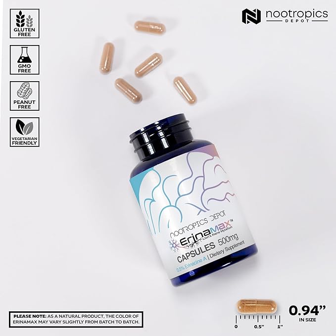 Nootropics Depot Erinamax Lion's Mane 500mg Capsules | Liquid Culture Mycelium | 2.5mg Erinacine A | Mood, Cognition, & Nerve Support | 120 Count