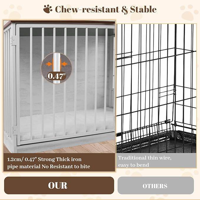 Dog Crate Furniture for Large Dogs, 36" Indoor Wooden Dog Kennel with 270° Swivel Door & 360° Rotating Feeder, Decorative Heavy Duty Dog House with Double Locks & Bowls, White
