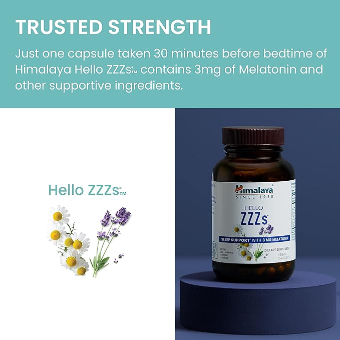 Himalaya Hello ZZZs with GABA, L-Theanine and Melatonin 3mg for Sleep Support and Occasional Sleeplessness, 60 Capsules, 2 Month Supply