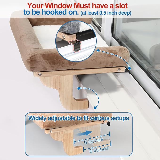 Cat Perch for Window Sill with Bolster - Orthopedic Hammock Design with Premium Hardwood & Robust Metal Frame - Cat Window Seat for Large Cats and Kittens - Dark Stained Wood with Brown Bed