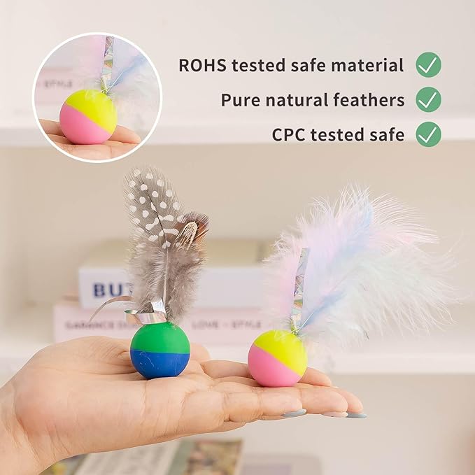 Plumed Cat Ball Toy for Indoor Cats, Assorted Color, Silicone Bouncy Ball Toy Set (5PCS)