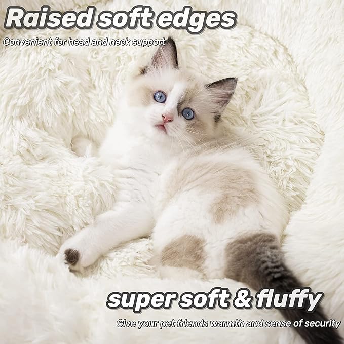 Anti Anxiety Round Fluffy Plush Faux Fur Warm Washable Dog Bed & Cat Bed, Original Bed for Small Medium Large Pets,Used to Relieve Joints and Improve Sleep（20"/24"/27''） (24", White)