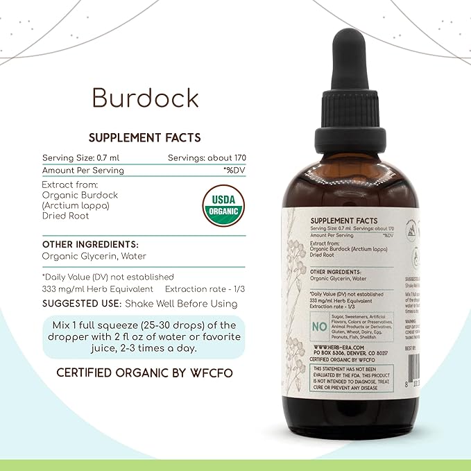 Burdock B120 USDA Organic Tincture | Alcohol-Free Extract, High-Potency Herbal Drops | Certified Organic Burdock (Arctium lappa) Dried Root (4 oz)