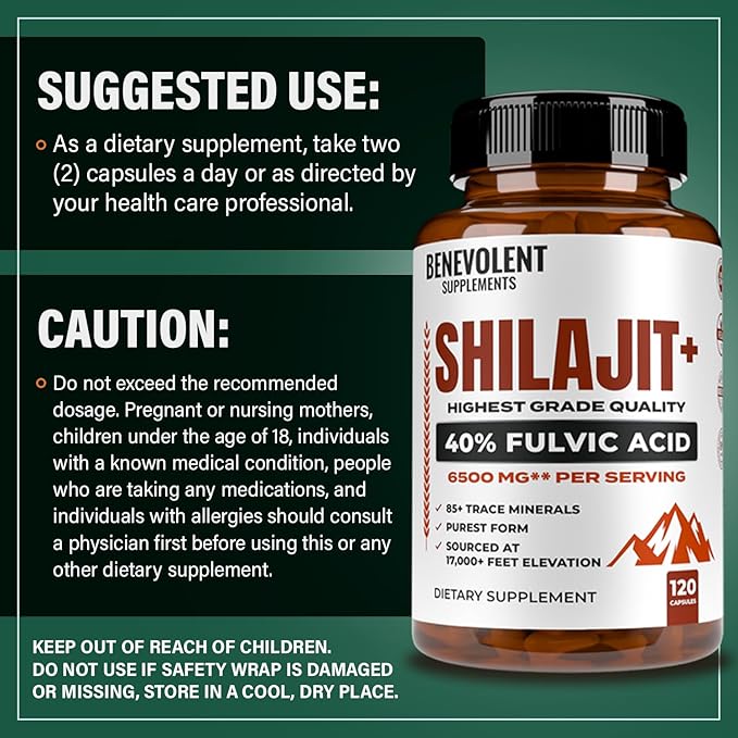6,500mg Shilajit Supplement with 40% Fulvic Acid (High Absorption) | Shilajit Mineral Supplement with 85+ Trace Minerals for Energy, Performance & Immune Health - 120 Capsules