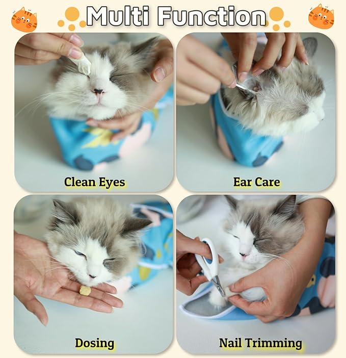 Cat Wrap for Grooming-Premium Cat Grooming Wrap Cat Restraint for Nail Clipping, Self-Adherent Soft Cat Blanket to Wrap Cat Anti-Scratch Anti-Escape Grooming Bag (Blue, M(Within 6lbs))