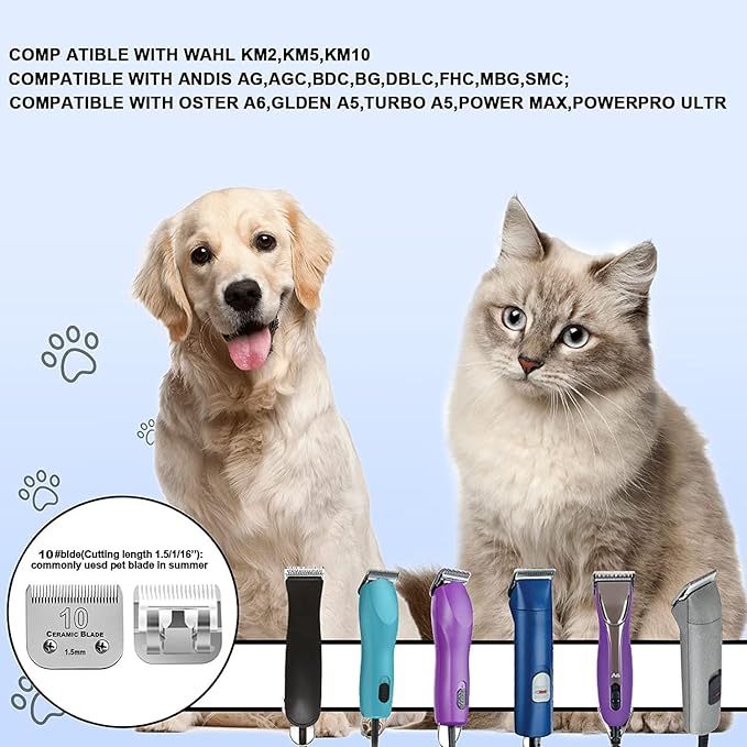 6Pack 10Blades Dog Grooming Replacement Blades Compatible with Andis Pet Clipper/Oster A5/Wahl KM Series Dog Clipper,Ceramic Blade & Stainless Steel Blade (#10+30+5FC+7FC+3FC+4F)
