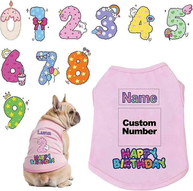 Custom Dog Birthday Shirt,Personalized Pet Apparel Print with Name Age Number,Pet Birthday Outfit,Lightweight Breathable Cotton Vest for Small Medium Large Dogs Cat (Pink, 6X-Large)