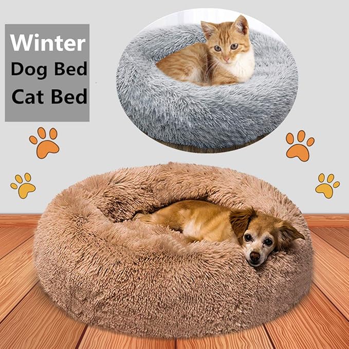 huraty Pet Dog Bed Plush Calming Bed, Fluffy Donut Round Pet Beds for Small Medium Large Dogs Cats, Anti-Slip & Anti-Anxiety, 28 Inch for Puppy and Kitties, Wine Red, L