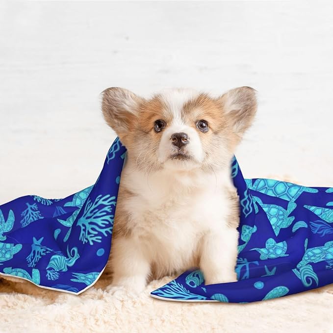 Reversible Plush Throw for Dogs and Cats, Watercolor Blue Sea Turtle, Double Sided Blanket with Nubby Dot Side and Sleek Side Ideal for Cuddling Nesting Security