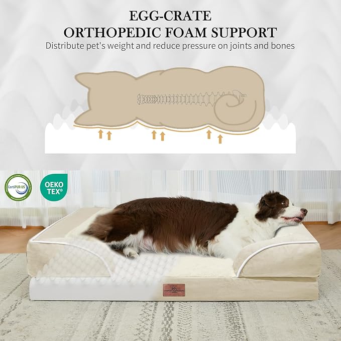 Comfort Expression Orthopedic Dog Bed for Large Dogs 36x27 Inch, Waterproof Supportive Egg Crate Foam Large Pet Bed with Removable Bolsters, Dog Couch with Washable Cover & Non-Slip Bottom, Beige